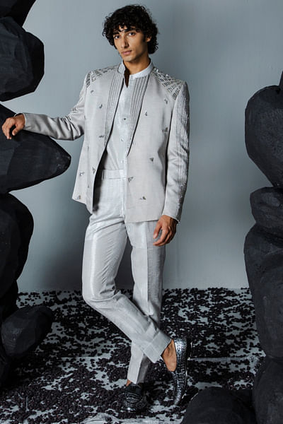 Grey hand embroidered open jacket set