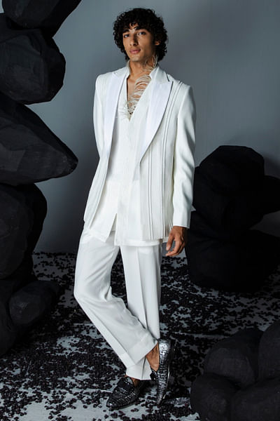 Ivory hand embroidered jacket kurta set