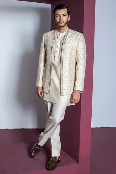 Cream hand embroidered jacket kurta set