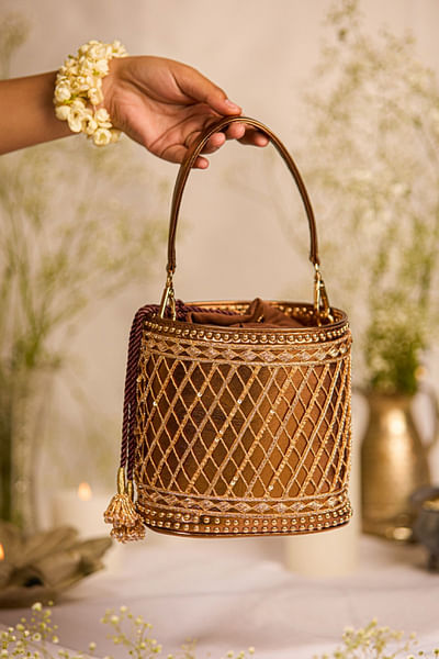 Metallic brown gota patti-beaded bucket bag