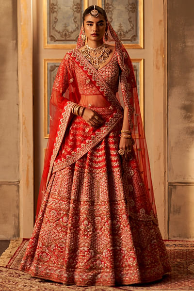 Red double dupatta embroidered lehenga set