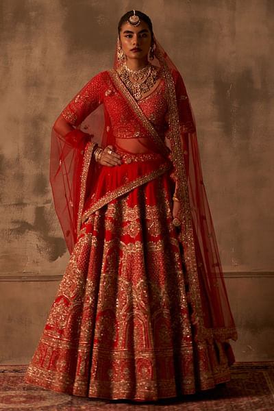 Red embroidery raw silk lehenga set