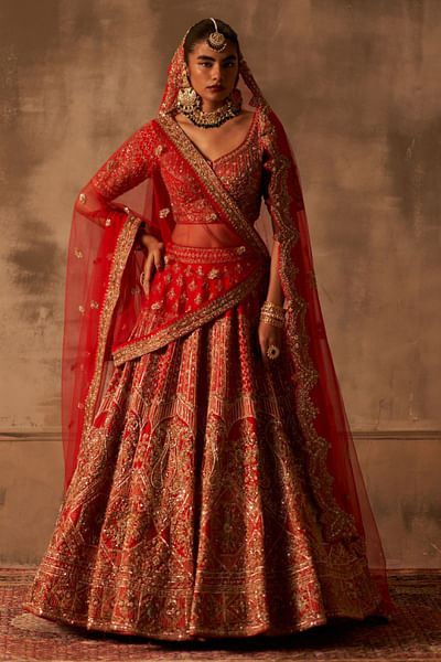 Red embroidery lehenga set