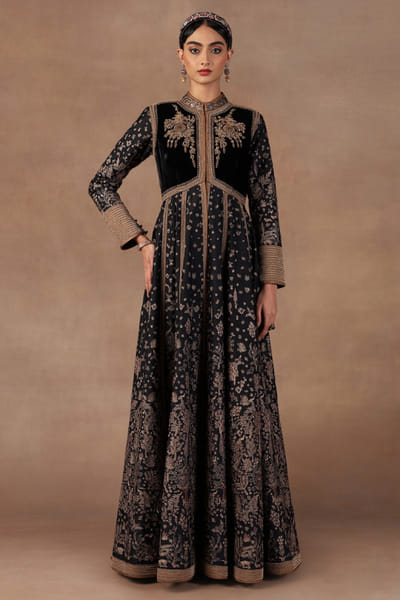 Midnight blue zari embroidered jacket set