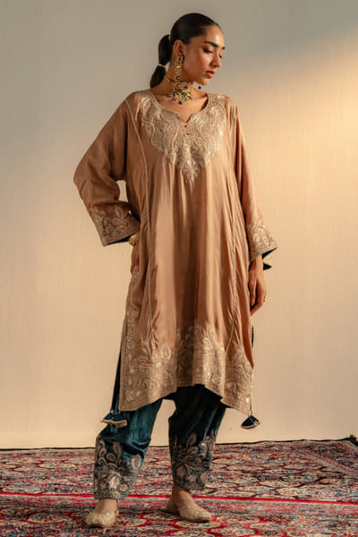 Beige tilla embroidered phiran set