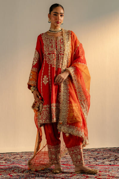 Orange tilla embroidered kurta set