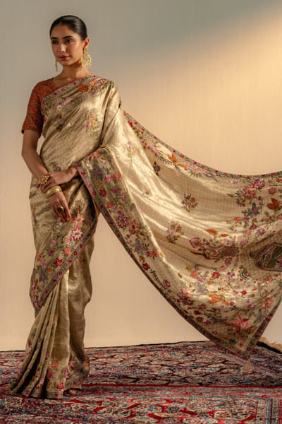 Golden kalamkaari banarasi sari set