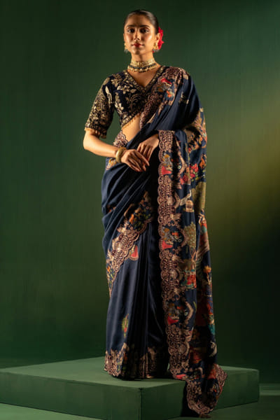 Midnight blue resham kalamkaari sari