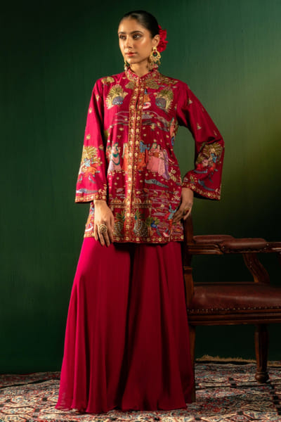Red resham embroidered jacket set