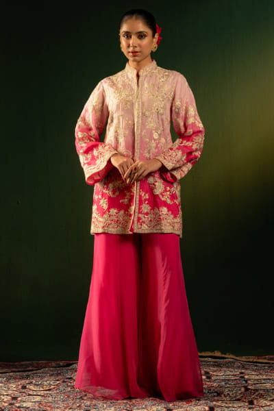 Pink and grey ombre embroidered jacket set