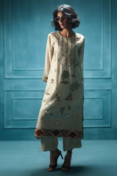 Dusky almond thread embroidered kurta set