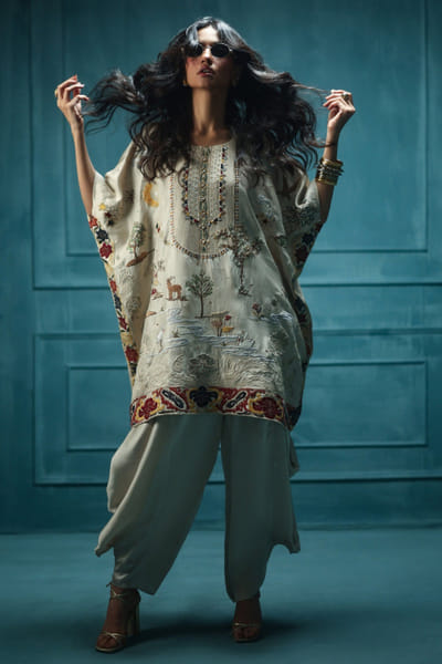 Dusky almond thread embroidered kaftan set