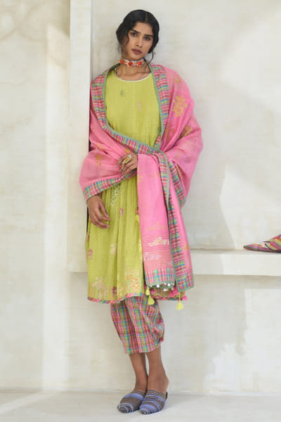 Lime green chanderi embroidered kurta