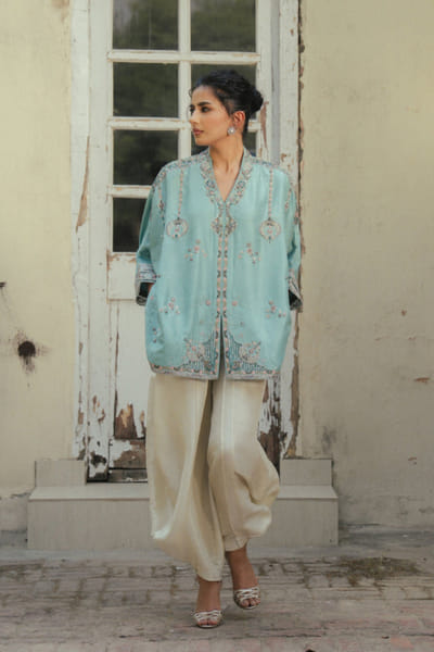 Aneeka Ruknuddin Minty blue embellished top-balloon pant set ANEEJUL26D148996