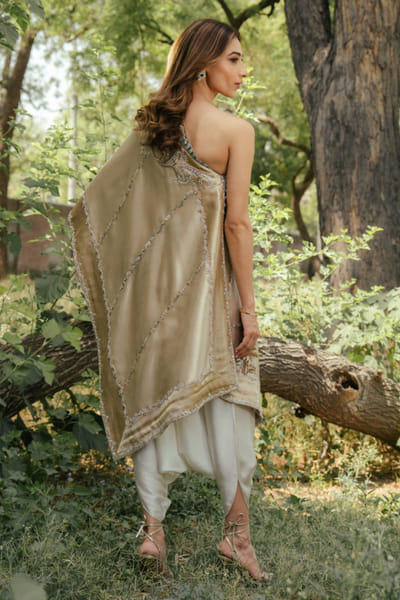Aneeka Ruknuddin Silver embroidered one-shoulder co-ord set ANEEJUL26D148997