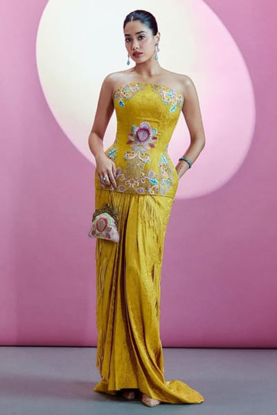 Anamika Khanna Mustard embroidered corset and skirt set ANAMJUL26D148814