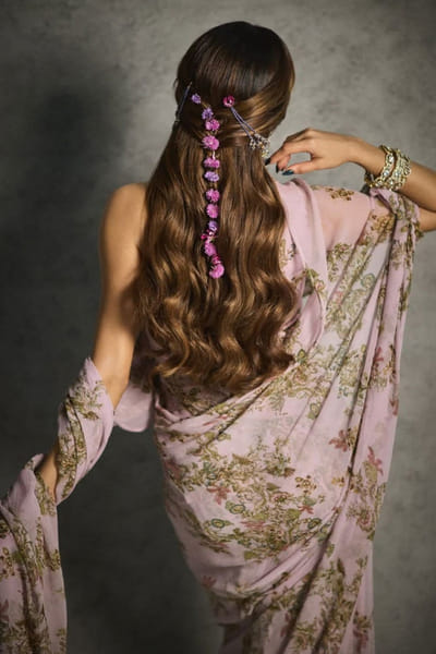 Anamika Khanna Pink floral printed crushed silk concept sari ANAMJUL26D148819