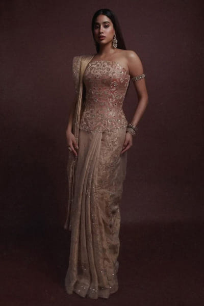 Anamika Khanna Gold and pink brocade corset-sari set ANAMJUL26D148809