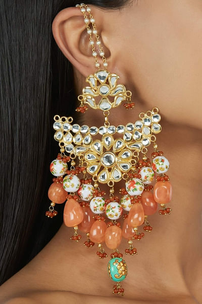 Peach handpainted beads earrings