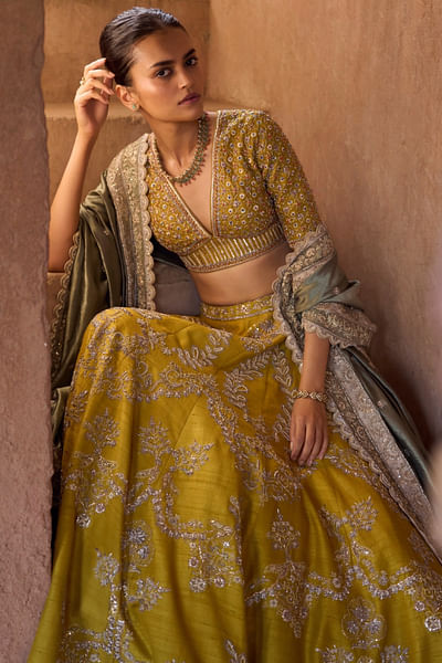 Mustard zardozi embroidered lehenga set