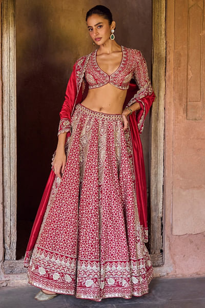 Red zardozi embroidered lehenga set