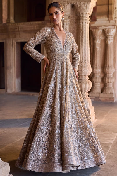 Golden beige zari embroidered anarkali set