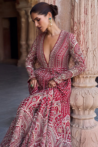 Red geometric zardozi embroidered anarkali