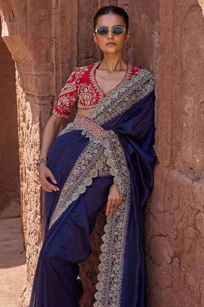 Purple floral zardozi embroidered sari set