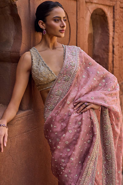 Peach floral zardozi embroidered sari set