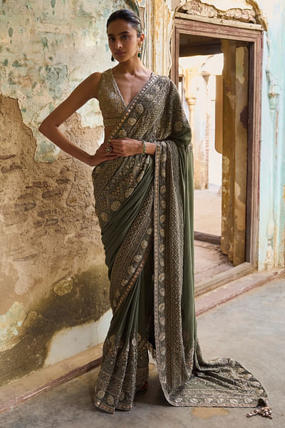Mint green zardozi gota embroidered sari set