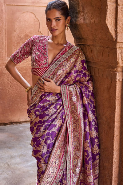 Purple zardozi embroidered banarasi sari set