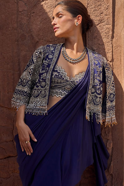 Purple embroidered cape and pre-draped sari set