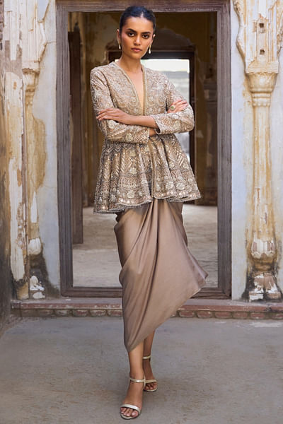 Golden beige zardozi gota peplum and skirt set