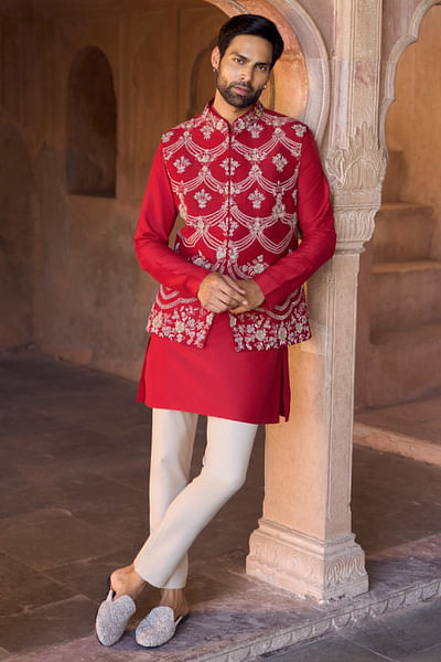 Red zardozi embroidered bandi kurta set