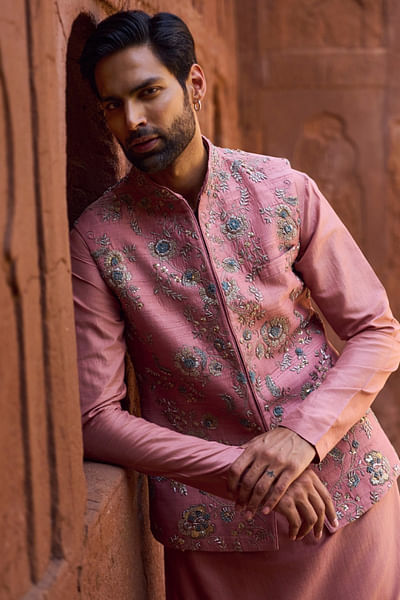 Peach zardozi embroidered bandi kurta set