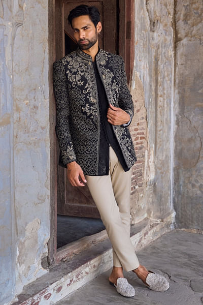 Black threadwork embroidered bandhgala set