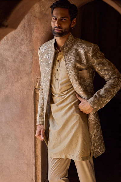 Golden beige threadwork jacket kurta set