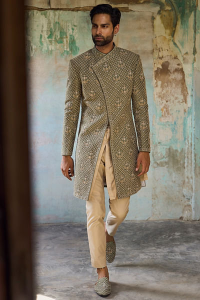 Mint green zardozi embroidered sherwani set
