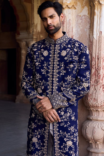 Purple floral zardozi embroidered sherwani set