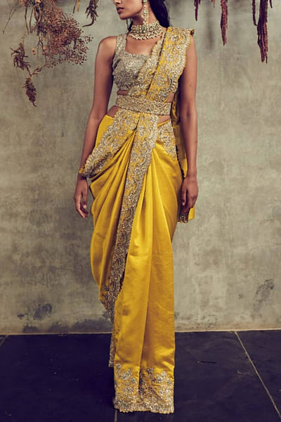 Mustard embroidered sari set