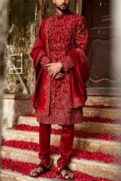 Maroon embroidered sherwani set
