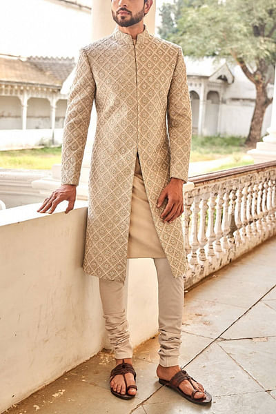 Beige chikankari sherwani set
