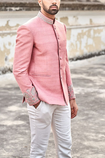 Blush pink embroidered bandhgala set