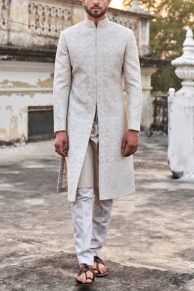 Beige embroidered sherwani set