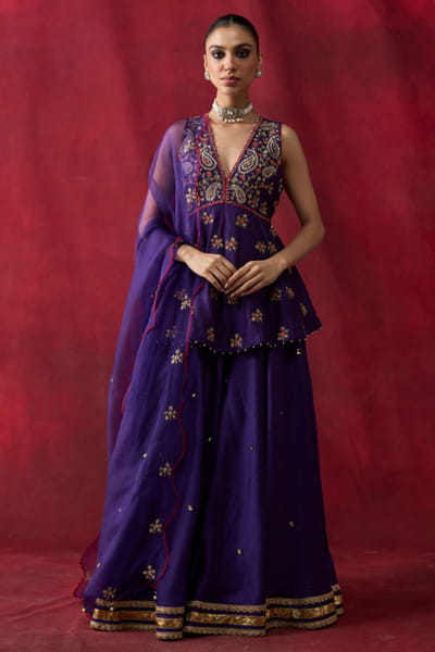 Purple embroidered peplum sharara set