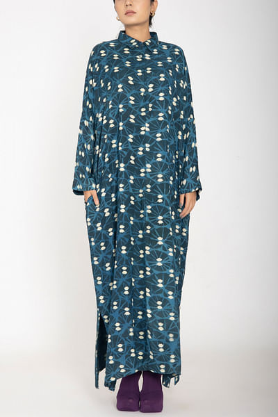 Indigo blue printed kaftan style dress