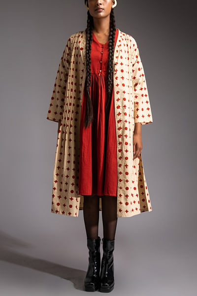 Red geometric block printed robe and dress
