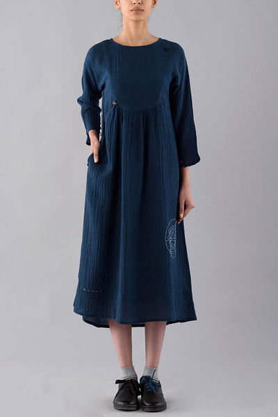 Navy blue cotton linen dress