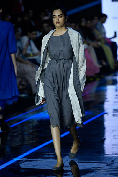 Grey pleated dress with a robe