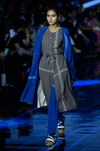 Indigo trench coat with shirt and pants